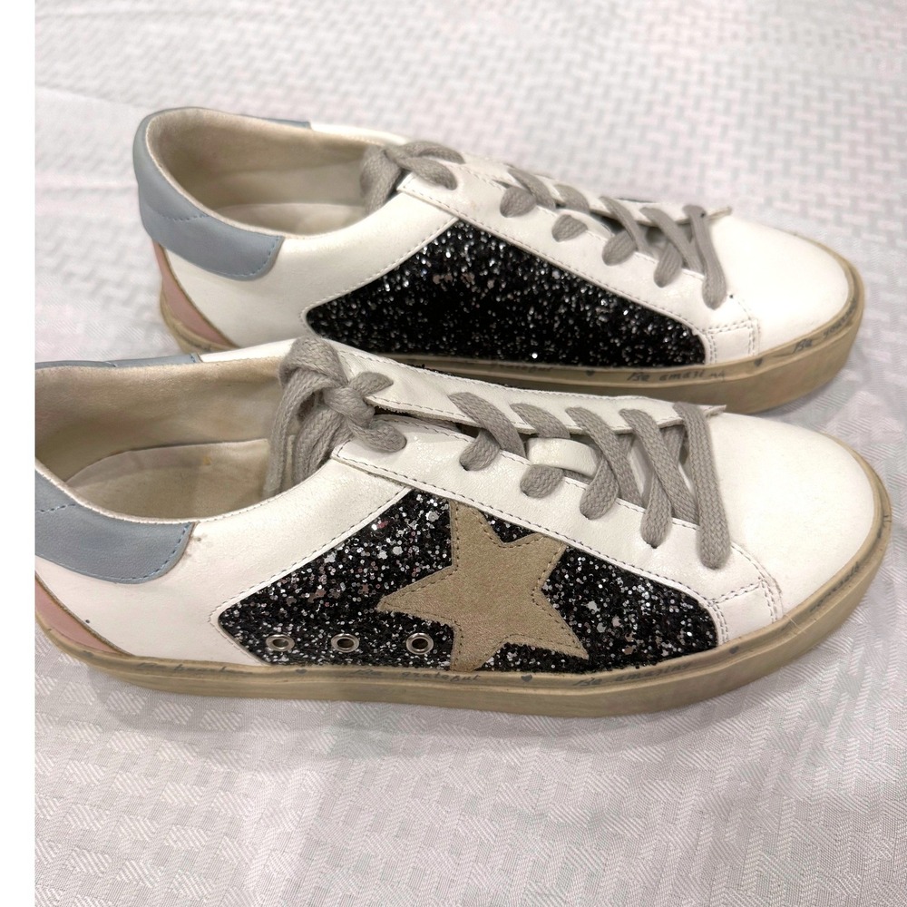 Shu Shop Sneakers Womens 8.5 White Black Glitter Star Patch Platform Streetwear - Picture 4 of 10